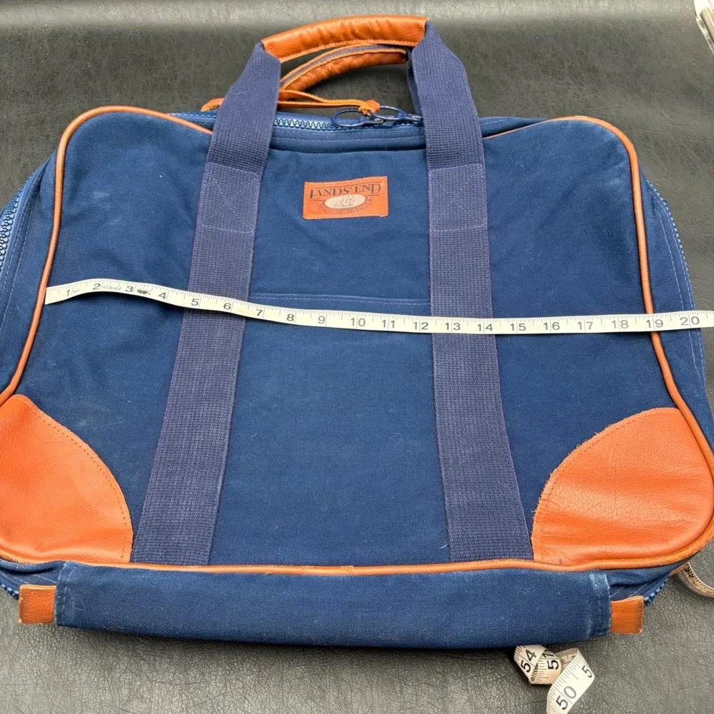 Vintage Lands End Deluxe Square Rigger Navy Blue Canvas Leather Briefcase Bag